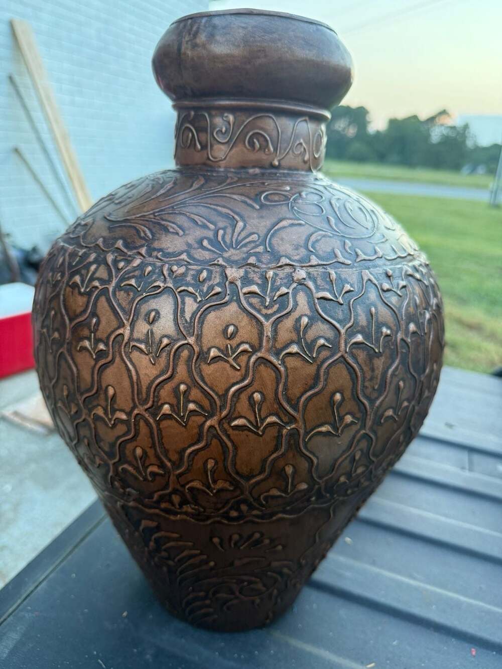 Decorative Bronze Colored Embossed Floral Pattern Vase Urn